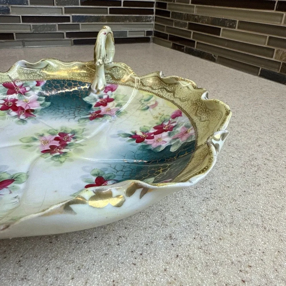 Antique Wheelock Tokio Japan Hand Painted Floral Spiderweb Porcelain Bowl Gold
